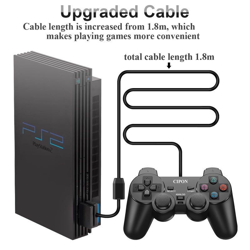 Cipon Wired Controller for PS-2 Console, Black Remote Controllers, PS-2 Accessories Gamepad with Double Vibration, 71 IN Cable - Image 5